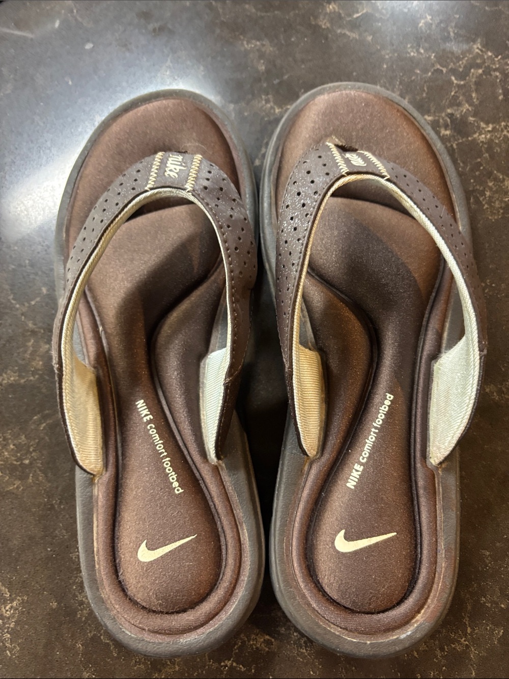 Nike Brown and Cream Padded Thong Sandals
